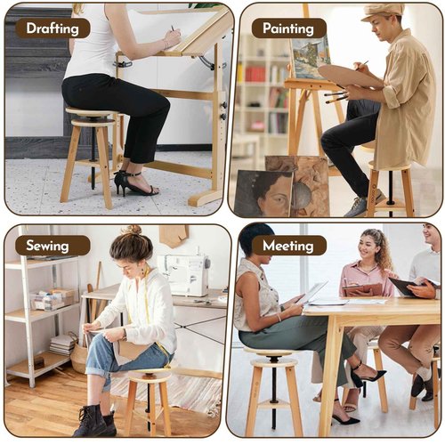 conda Adjustable Height Wooden Drafting Stool 19" to 26", Beech Wood Artist Stool for Drafting, Painting, Office, Studio, Kitchen, Bar, and Home Use