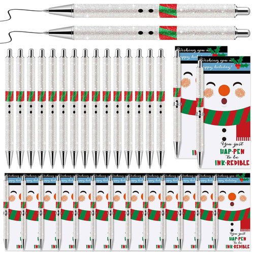 Sayglossy 25 Sets Bulk Glitter Christmas Pens Novelty Santa Claus Writing Pens with Inspirational Cards Welcome to The Team Gift Employee Appreciation Gifts (Snowman)