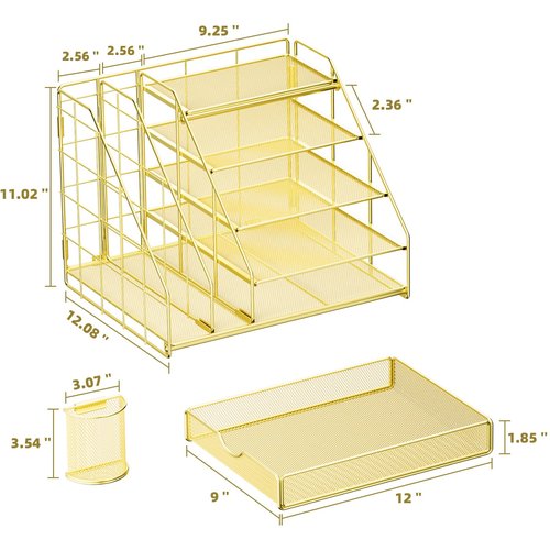 Marbrasse Desk Organizer with File Holder, 5-Tier Desk Organizer and Accessories with Drawer and 2 Pen Holders, Mesh Paper Letter Tray, Desktop Storage for Office Supplies (Gold)