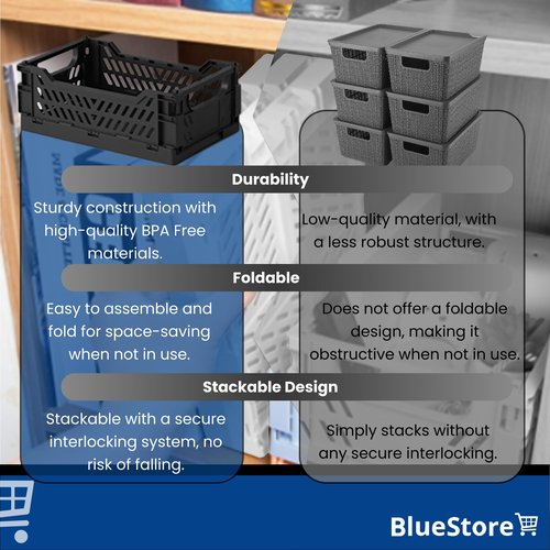 6-Pack Foldable Plastic Storage Crates for Organizing with Handles, Stackable Collapsible Bins for Desk, Office and Shelf Organization, Small Basket for Home, Kitchen, and Classroom (White-Grey-Black)