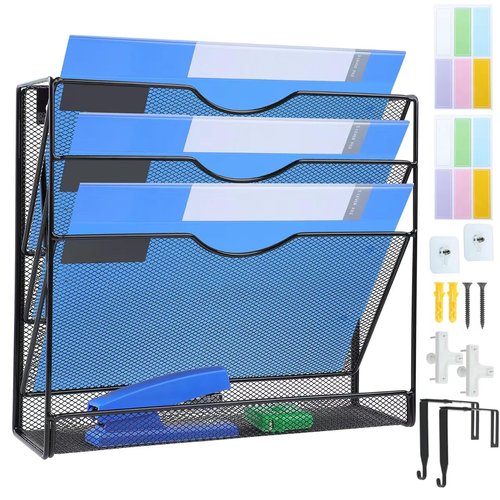 IOUGDSEC 4-Tier Mesh Wall File Holder Organizer with Bottom Flat Tray, Vertical Hanging File Organizer, Office Hanging File Folder Magazine Rack, Nametag Label Hooks Set Included, Black