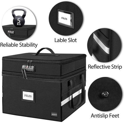 DEEGO 2 Layer Fireproof Document Box with Lock, Large Document Organizer with Pockets, Portable Collapsible File Box Document Safe for Home Office for Hanging Letter/Legal Folder