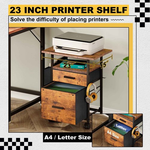 NASHZEN File Cabinet Printer Stand, Fabric Mobile Filing Cabinet with 2 Storage Drawers, for Hanging A4, Letter Size File Folders, Open Shelf with Storage Bag and Hooks Home Office, Rustic Brown