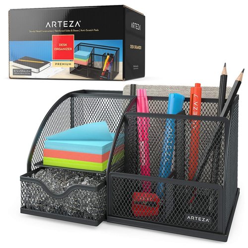 Arteza Mesh Metal Office Desk Organizer with Drawer, 6-Compartment Multi-Functional Design Holds Office Supplies & Accessories Like Pens, Pencils, Notes, Staplers & Scissors (Black)