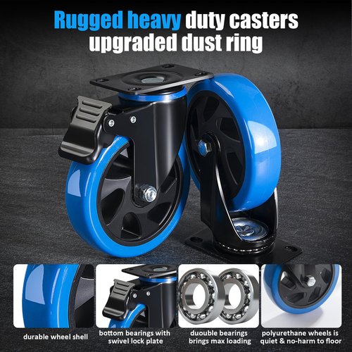 5 Inch Locking Casters Set of 4 Heavy Duty,Industrial Outdoor Caster Wheels Heavy Duty Load 2600lb,Swivel Caster Wheels for Furniture,Cart and Workbench.