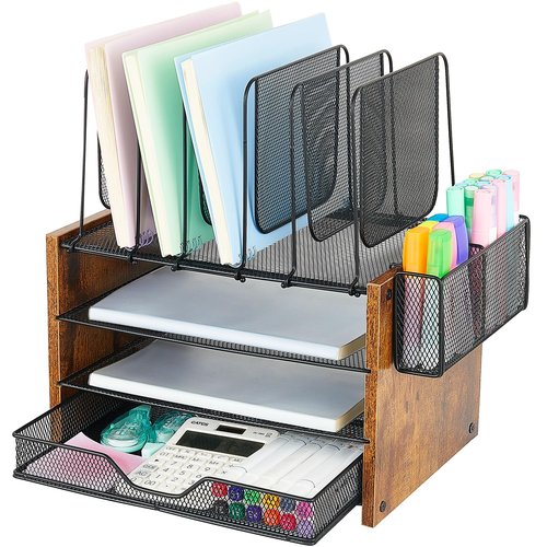 OPNICE Wood Desk Organizers and Accessories, 4-Tier Workspace Desktop Paper Organizer with Drawer, 5 Vertical File Holders and Pen Holder for Office Supplies
