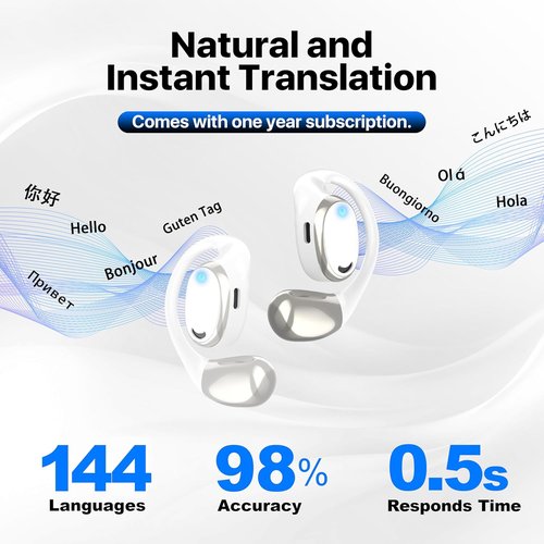 OWS AI Translation Earbuds - Real-Time 3-in-1 Device for 144 Languages & Accents | Perfect for Travel & Learning - White