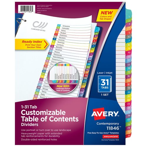 Avery 1-31 Tab Dividers for 3 Ring Binders, Customizable Table of Contents, Multicolor Tabs, 1 Set, 12 Packs (11846)