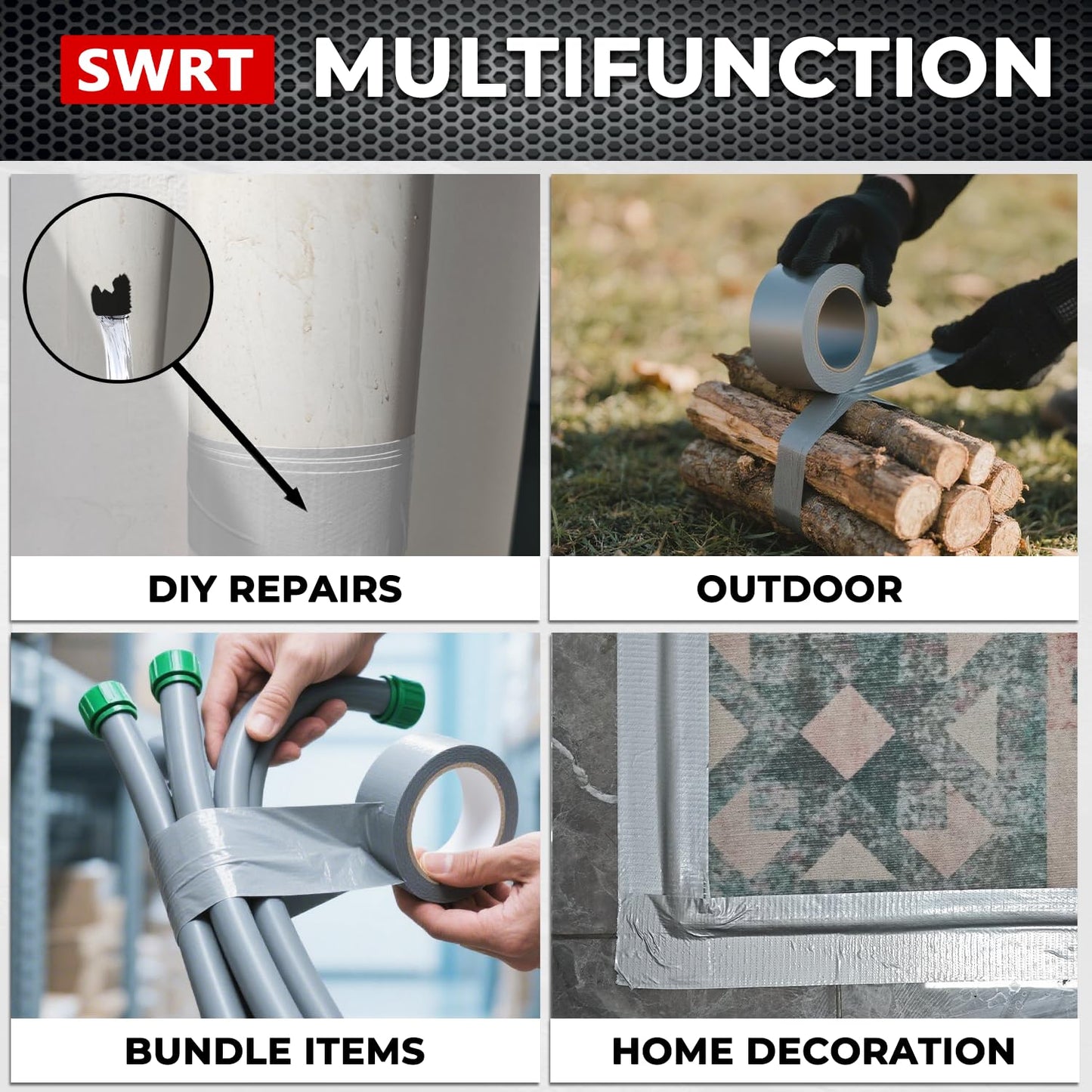 SWRT Heavy Duty Duct Tape - 24-Pack Strong Adhesive, 2 Inch x 720 Yd, Waterproof Gray for Indoor & Outdoor Repair