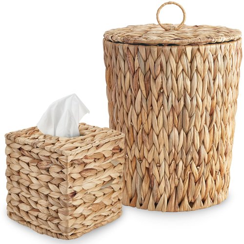 YOKOMI 4 Gallon Wicker Trash Can with Lid and Square Wicker Tissue Box Cover, Boho Decorative Handwoven Water Hyacinth Rattan Bedroom Bathroom Living Room Accessories Decor (Natural)