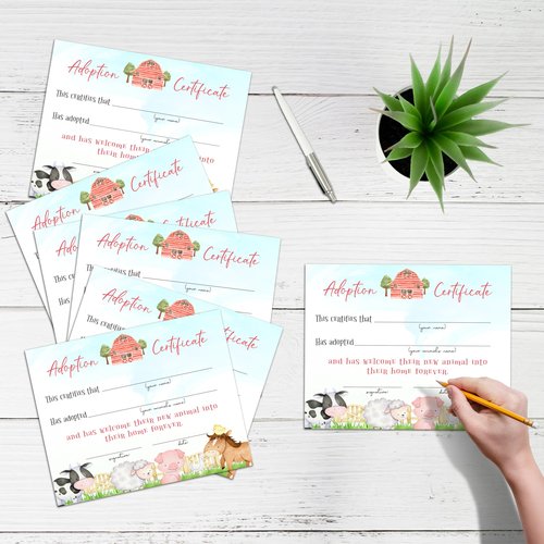 Farm Animals Adoption Certificate -10 Pcs, Adopt an Animal Certificate for Girl Boy, Adopt A Pet Party Favor, Farm Birthday Party Decorations Supplies -A26