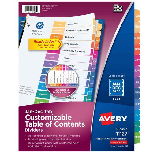 Avery Jan-Dec Tab Dividers for 3 Ring Binders, Customizable Table of Contents, Multicolor Tabs, 24 Sets(11127)