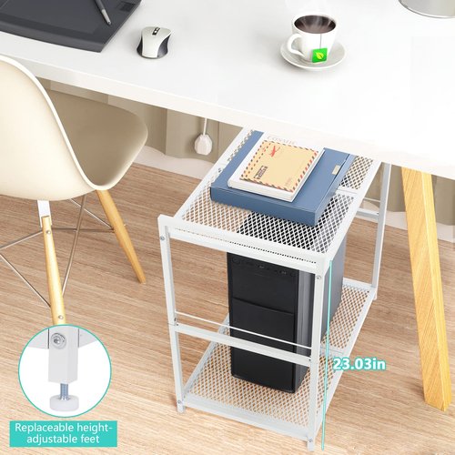 YBING Computer Tower Stand White PC Tower Stand 2 Tier CPU Holder with Wheels Metal Mobile Computer Tower Cart Rolling PC Cart Floor for Fax Home Office