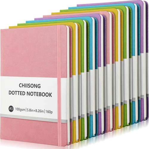 Chiisong 10 Pack Bullet Dotted Journal Notebook Bulk, A5 Dot Grid Notebook with 100 GSM Paper, Leather Hardcover Dotted Journal with 160 Pages for Women Men Writing Journaling Planning, 5.7 x 8.3 Inch