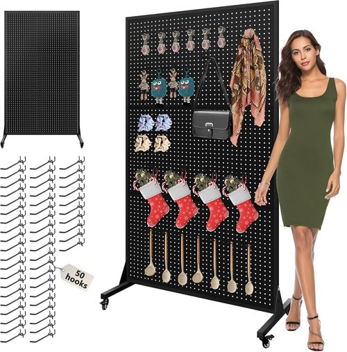 Royxen Metal Pegboard Display Stand - 3.5 x 6 Feet with 50 Hooks & Wheels | Black T-Base for Retail & Home