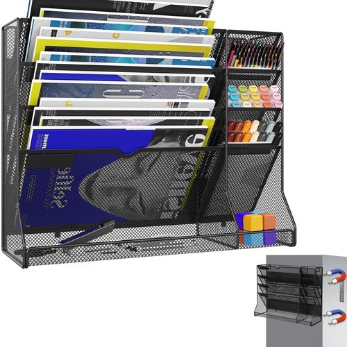 KZWKRG 5 Tier Magnetic File Holder, Magnetic File Organizer, Hanging Mail Organizer Folder Holder with R-shaped Bottom Tray, Magnetic Paper Document Magazine Rack with 4 Pen Holder for Office Home