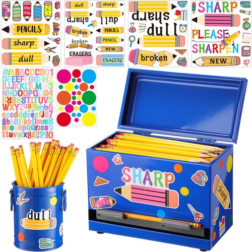 Mifoci 8 Pcs Pencil Dispenser Kit for Classroom Stainless Steel Straw Dispenser for Pencils Metal Pen Holder Letter Sticker Bulk Teachers Classroom Supplies Storage(Blue)