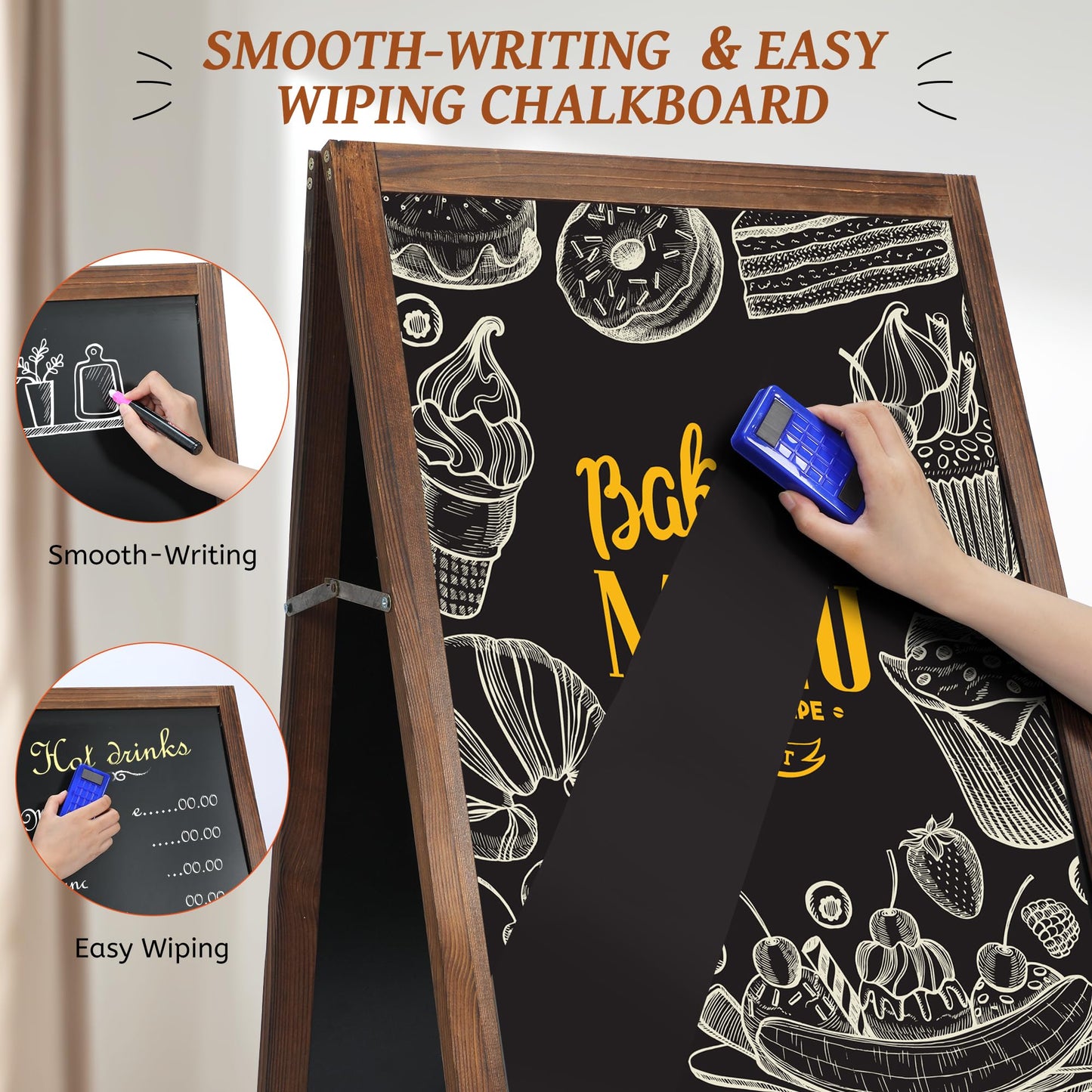 A Frame Chalkboard Sign, 40" x 20" Extra Large Wooden A-Frame Sign Board with Chalk Marker, Double-Sided Magnetic Sidewalk Chalkboard Easel Display for Restaurant, Business, Wedding