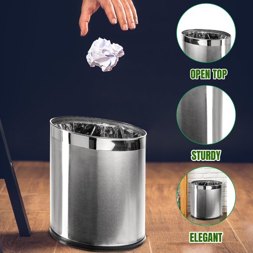 Brelso 'Invisi-Overlap' Open Top Stainless Steel Trash Can, Small Office Wastebasket, Modern Home Décor, Oval Shape