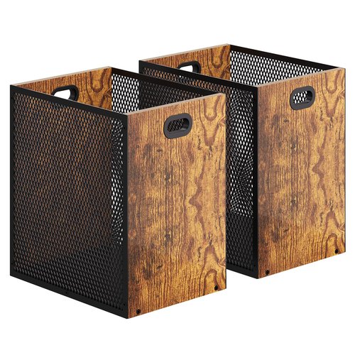 Retro Office Trash Can, Iron and Wood Combination Bedroom Garbage Can, Rectangular Design Wastebasket with Handle, Industrial Style Trash Can for Home Office, 11.02" X 7.87" X 11.81" 4.5 Gallon (2)