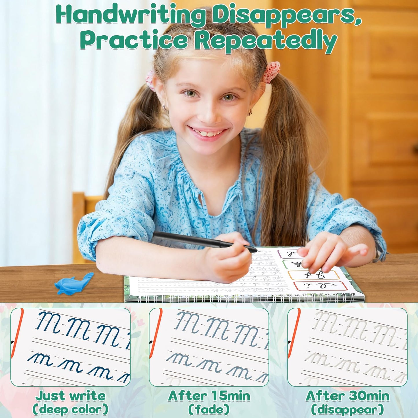 chiazllta 4 Pack Grooved Cursive Handwriting Practice Kit with Disappearing Ink Pens Magic Reusable Grooved Cursive Writing Workbooks Copybook for Beginners Kids (Words&Sentence&Reading&Letters)