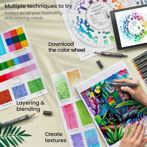 ARTEZA Alcohol Markers Set of 36 Tropical Tones, Medium Chisel and Brush Nib, Dual Tip Brush Markers for Drawing and Sketching