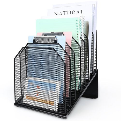 SUMMORO Inclined File Organizer for Desk, 7-Section Vertical File Folder Holder Office Desk Organizer Metal Rack File Wire Mesh Desktop Document Sorter for Office School Classroom Home (Black)