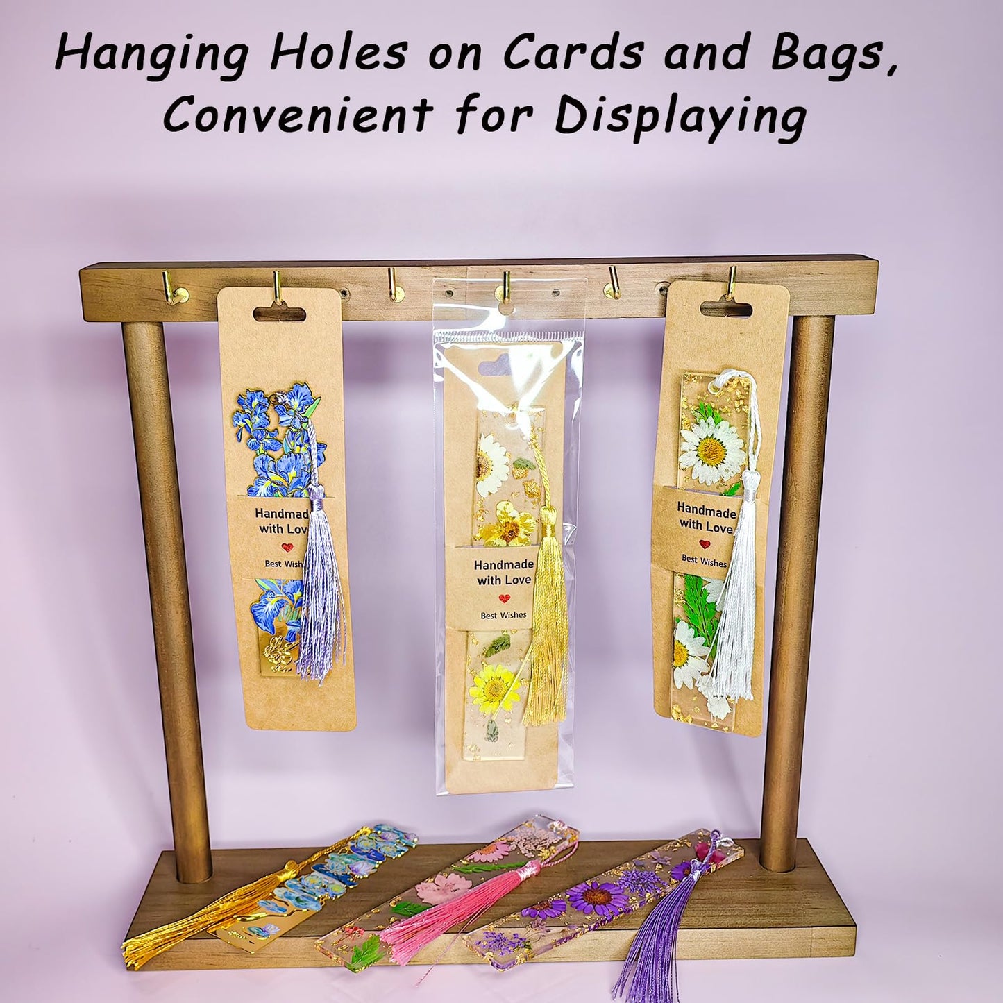 100 Set Bookmark Holder Packaging, Handmade with Love Bookmark Display Cards with Bags Hanging Resin Book Mark Sleeves Small Business Packaging Supplies for Selling Items Package Party Favors (Brown)