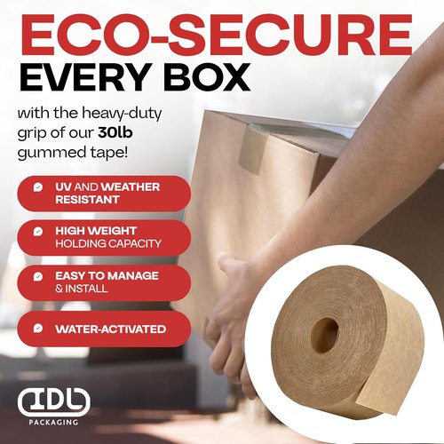 IDL Packaging Reinforced Water-Activated Kraft Gummed Tape - 2.83" x 450ft, 30lb Thickness, Brown | Heavy-Duty Carton Sealing