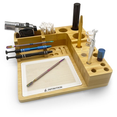 INFINITKIN Bamboo Desk Organizer, Wax Carving Tools Holder with Non-stick Silicone Mat Pad for 4-Claw Pick-up Tool, Cotton Swabs, Pens, and Tool Accessories -Great for Temporary Small Tool Projects