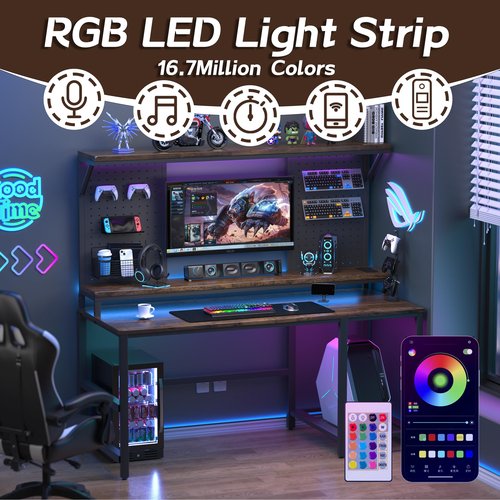 Gaming Desk with LED Lights & Power Outlets, 47 Inch Office Desk with Monitor Stand and Storage Shelves, Computer Desk with Pegboards and Adjustable TV Mount for Home Office, Bedroom, Rustic Brown