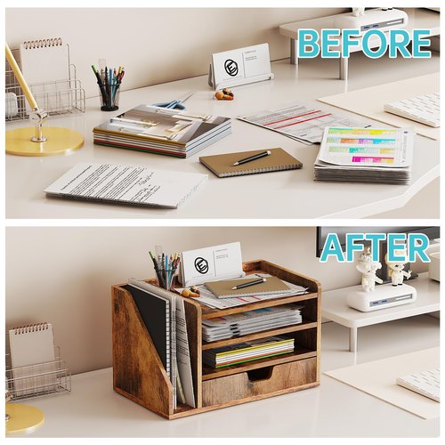 NiOffice Wood Desk File Organizer with Side File Rack, Space-Efficient Design Easy to Assemble for Efficient Office Setup, Reduces Desk Clutter (Brown)