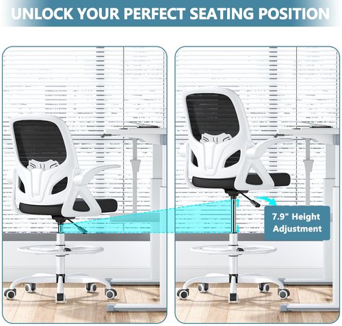 Kensaker Tall Drafting Chair with Footrest Ring for Home and Work, Ergonomic Home Desk Office Chair with Flip up Arms and Lumbar Support, Extended Height Executive Home Desk Office Chair(White)