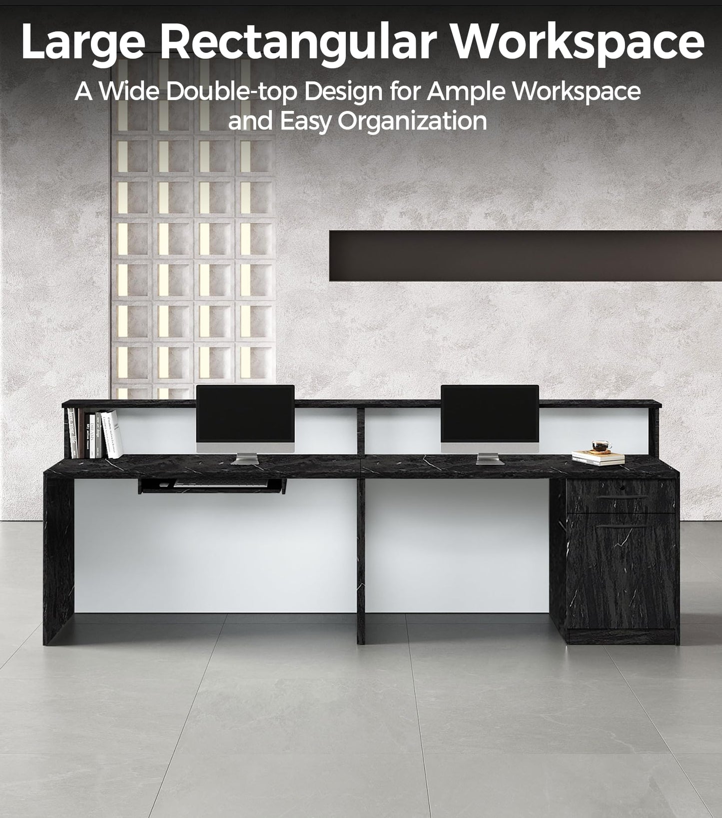 Anzhap 71" Reception Desk with LED Lights & Keyboard Tray, Front Desk Reception Counter with Lockable Drawer, Enclosed Cabinet & Cable Grommet for Office, Salon, Clinic, Lobby (Black Grain & White)