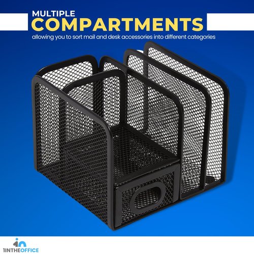 1InTheOffice 5 Compartment Wire Mesh Accessory Holder, Mesh Desk Organizer, Organizer for Desk, Matte Black, 1 Pack