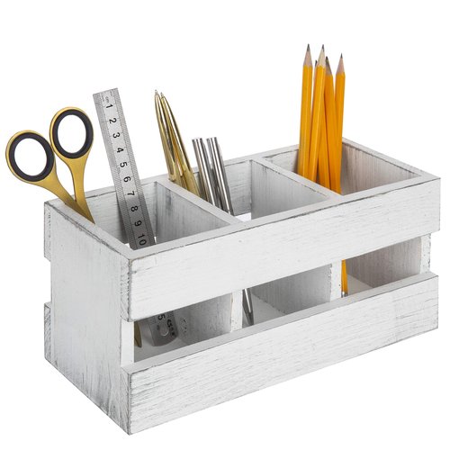 MyGift 3-Compartment Vintage White Solid Wood Desktop Office Supplies Caddy Pen Pencil Cup Holder Desk Organizer, Makeup Brush Art and Paint Brush Holder