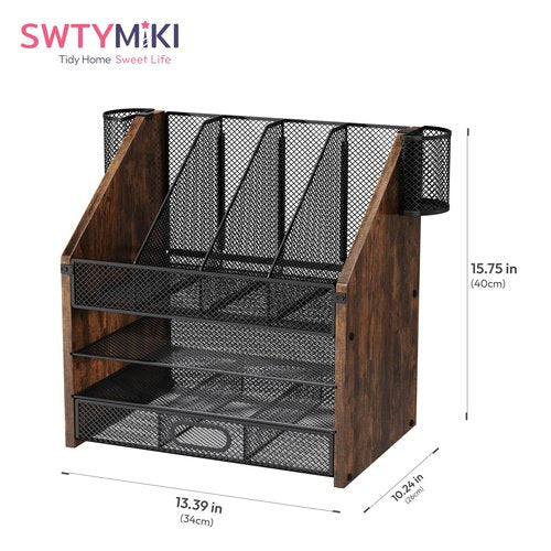 SWTYMIKI Desk Organizer with Drawers - Mesh and Wood Desk File Organizer with Pen Holders, 4-Tier Paper Organizer for Office Organizer and Accessorie, School and Home Storage, Espresso