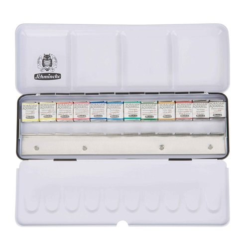 Schmincke - HORADAM AQUARELL Bestseller color box with 12 finest watercolors, 74412097, metal box, painting set, 12 x 1/2 pans, space for 12 additional 1/2 pans