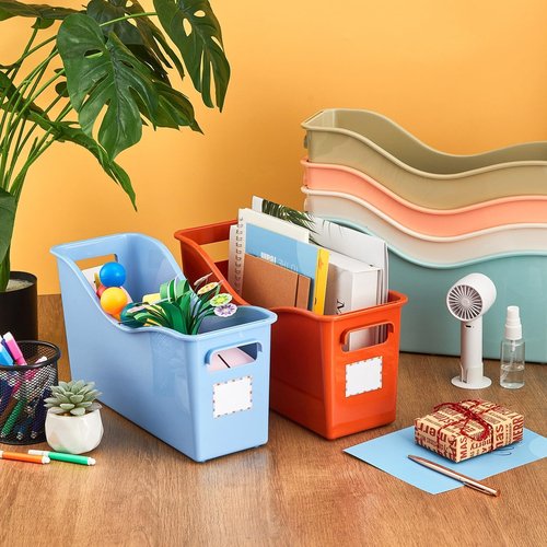 6 Pack Plastic Book Bins for Classroom with Labels 11.8×3.5×7.1 in Boho Magazine File Binder Holder Organizer Basket Storage Box for Library Home Office Teacher Supplies School Classroom