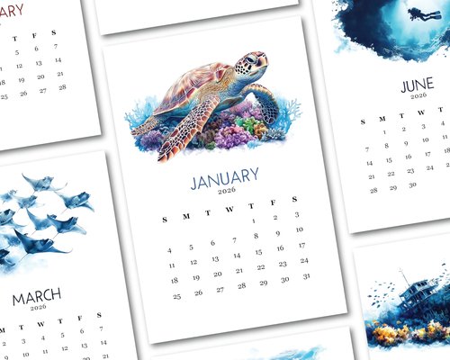 2026 Monthly Office Desk Calendar - Scuba Diving - Watercolor Style - Annual 12 Month - 4” x 6” Cards – Calendar Card Refill (Ocean Life)
