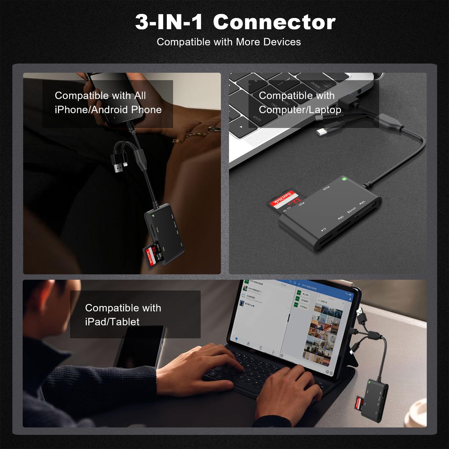 7-in-1 Smart Card Reader with 3-Port Connectivity – Lightning/USB-C/USB-A Military CAC & PIV Card Reader, SD/TF/MS Pro Duo/M2/IC/SIM Adapter for Windows/macOS/Linux, Plug and Play