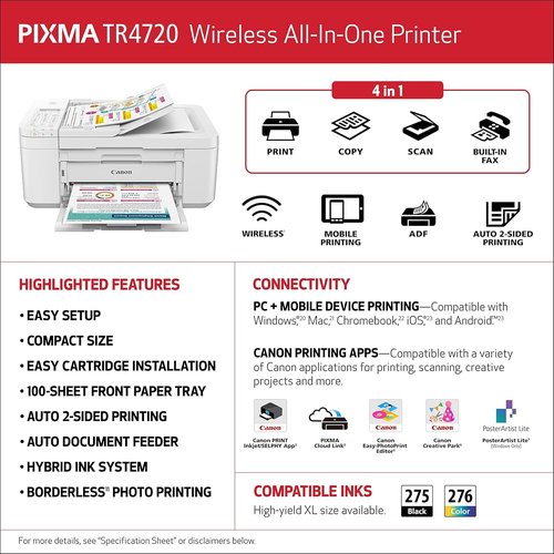 Canon PIXMA TR4720 Wireless All-in-One Inkjet Printer - Print, Copy, Scan, Fax | 4800 x 1200 dpi, White
