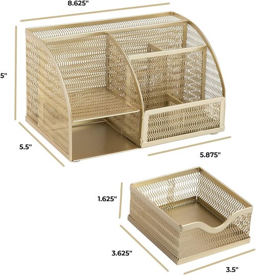 BLU MONACO | Gold Desk Organizer - Stylish Metal Caddy with Drawer & Six Compartments for Office Supplies