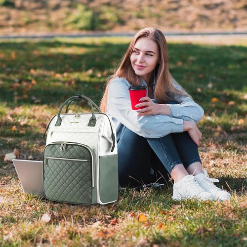 EMPSIGN 17-Inch Laptop Backpack for Women - Water-Repellent Quilted Casual Daypack | Large Capacity, Beige-Army Green