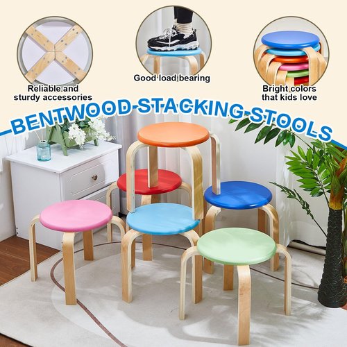 Sintuff 12 Inch Wood Stackable Classroom Stools Bentwood Stacking Chairs for Kids Colorful Round Nesting Stools Pack of 6 for Toddlers Adult Playroom Daycare Home Office