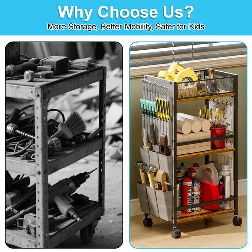 3 Tier Rolling Craft Cart & Art Cart | Side Partitioned Paint Brush Holder | Art Supply Storage Organizer with Wheels | Rolling Storage Cart for Standing Desk, Drawing & Craft Room, DIY Workshop,Gift