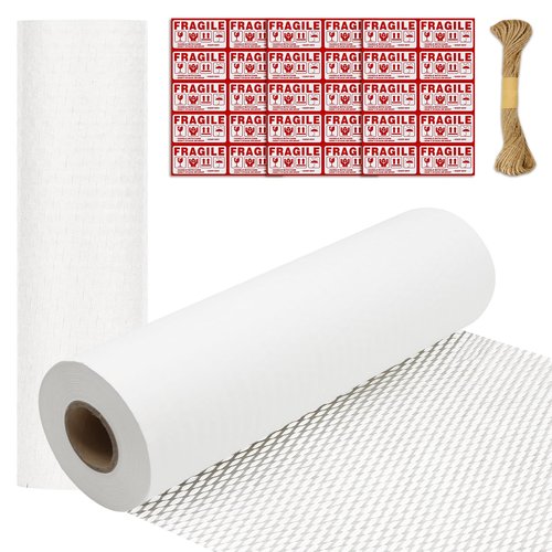 Honeycomb Packing Paper PINENUTS 15" x 131' Eco Friendly Packing Paper for Moving Recyclable Honeycomb Paper Bubble Paper Wrapping with 30 Fragile Sticker Labels and 66fthemp rope (White)