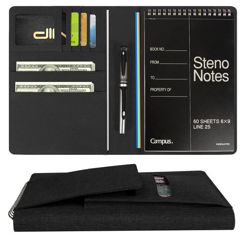 Journal Cover for Rocketbook Flip | Executive Size 6"x8.8" Fits A5, 6"x9" Steno Pad/Notebook & Top Spiral Notepad | Waterproof Protective Case with Pen Loop Holder & File Storage (Black)