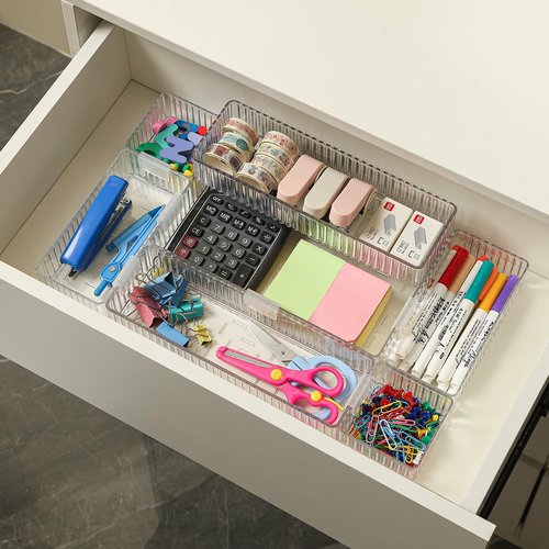 Swuj Clear Drawer Organizer Bins 7 pc Set, 4-Size Stackable Trays for Makeup Vanity Drawers, Bathroom Drawer Organizer Storage Containers for Cosmetic, Office Supplies