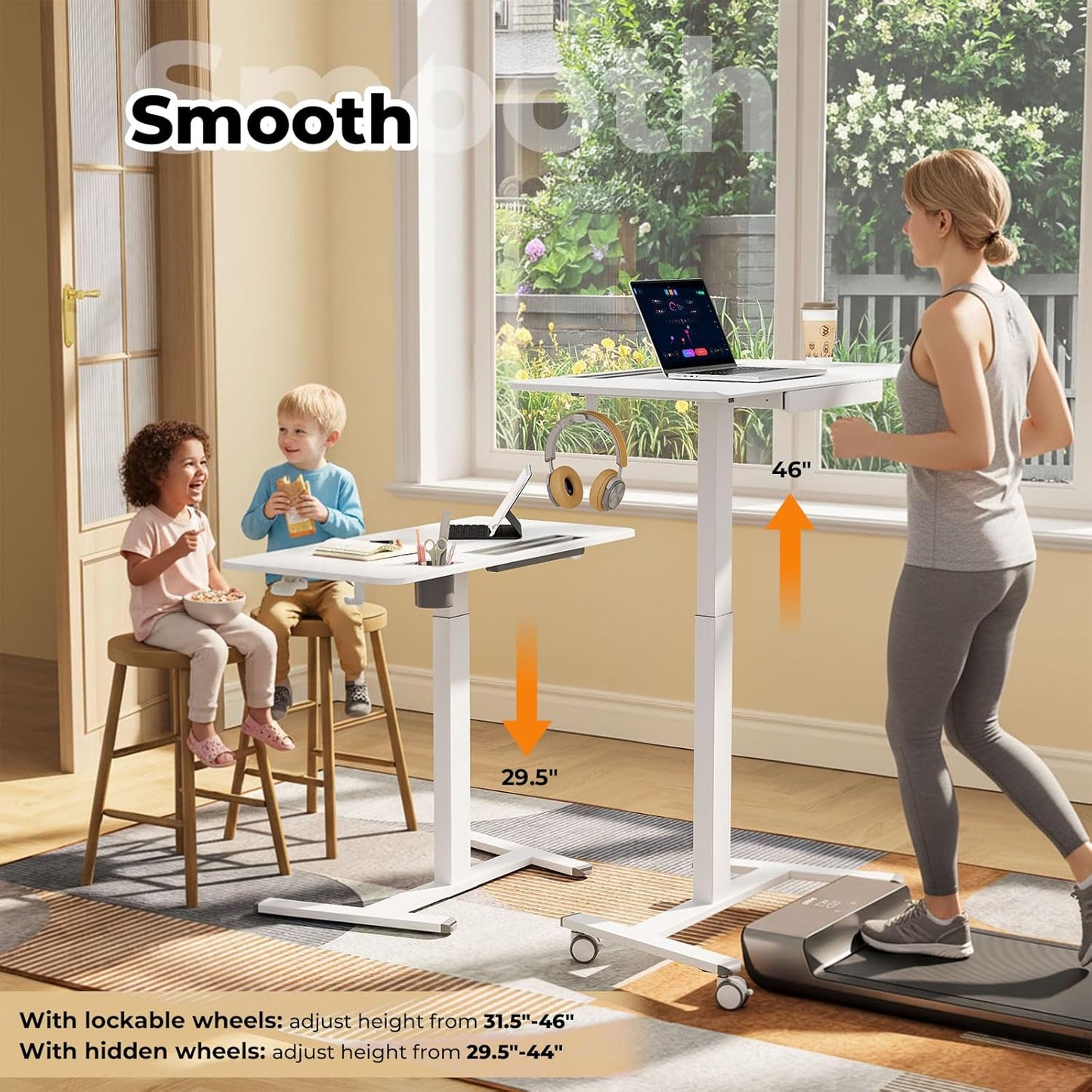 Skiennix Mobile Standing Desk - Height Adjustable with Drawer & Cup Holder | 40" White Rolling Workstation